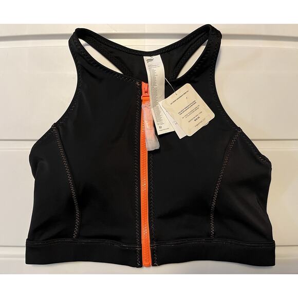Fabletics Swim Top Womens Medium Black Orange Zip Front Racerback Sports Bra NWT - Picture 1 of 8